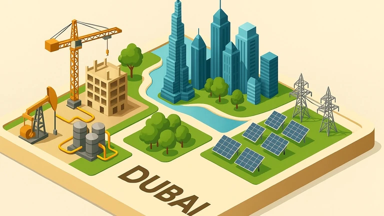 Isometric illustration of Dubai with solar, utilities and infrastructure